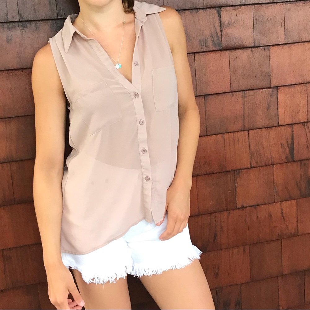 Tan Sleeveless Button Down